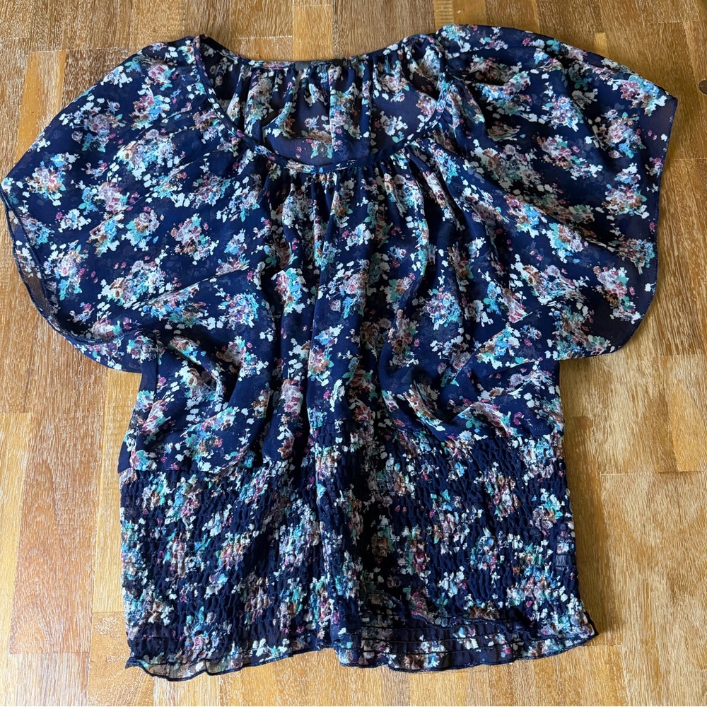 Navy Floral Sheer Short-Sleeve Smocked-Waist Women's Blouse